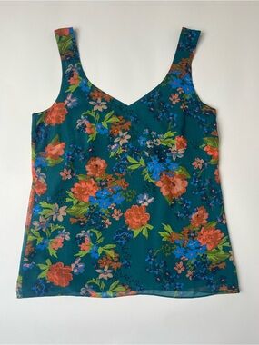 CAbi Teal Floral V-Neck Camisole with Coral and Blue Blooms